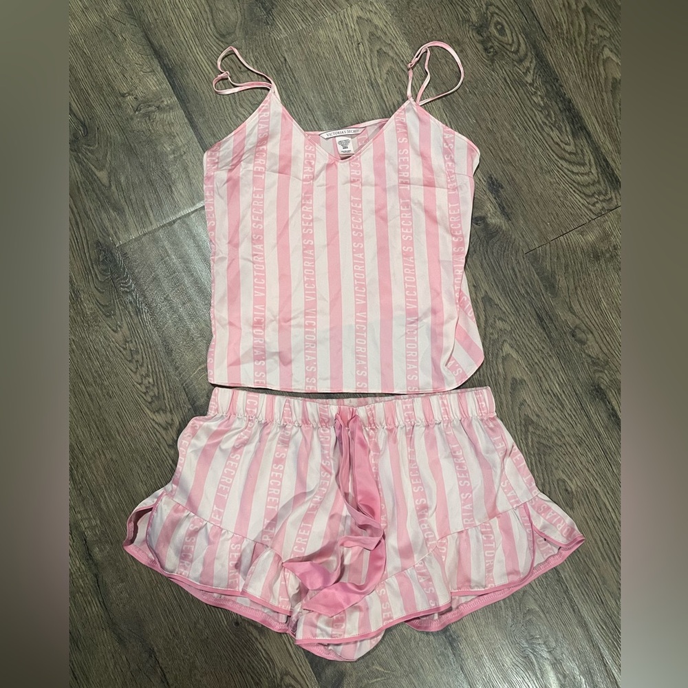 Victoria's Secret Pink & White Striped Satin Cami Short Pajama Set